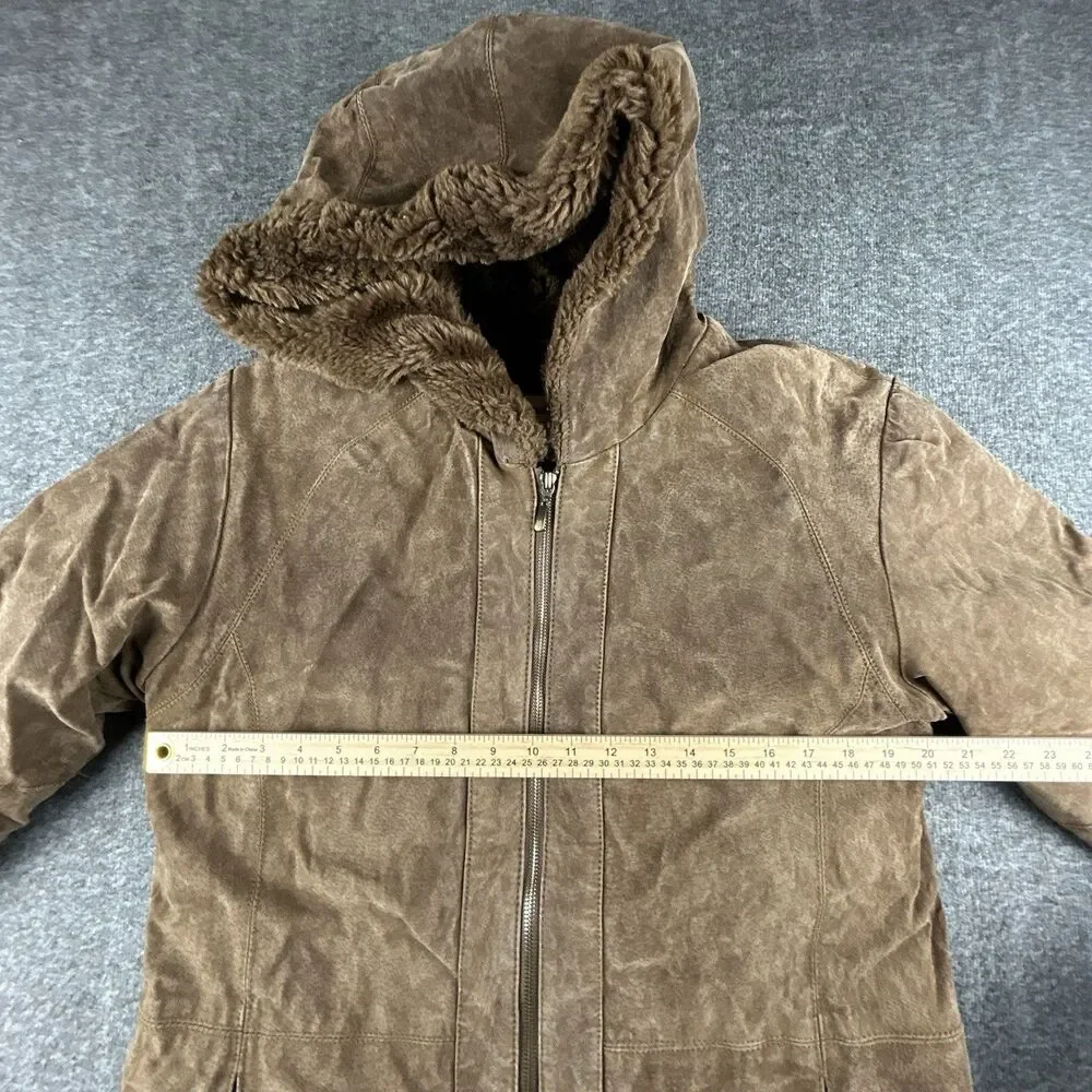 St Johns Bay Washable Suede Coat Womens Sz S 100% Leather Faux Fur Lined Hooded - Picture 9 of 10